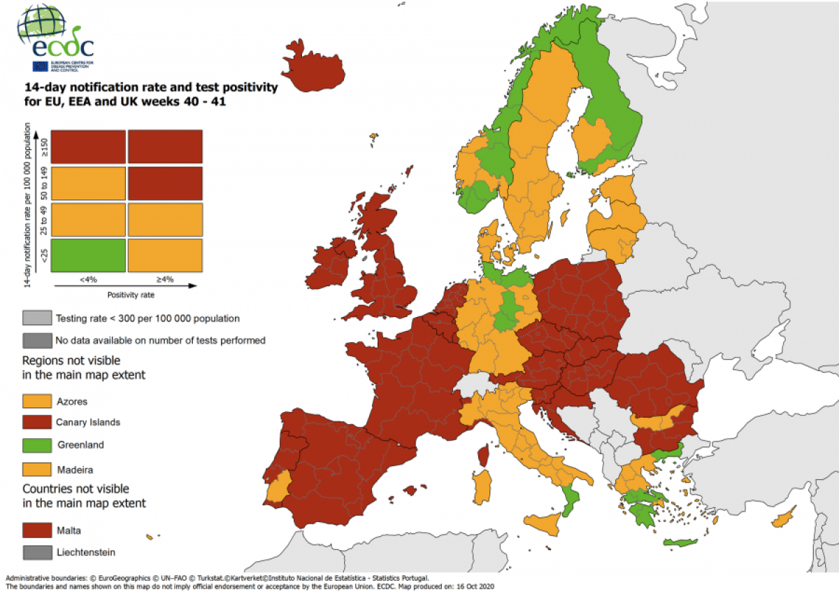 Az EU 27 tagállama közül 15 ország piros besorolás alá esik